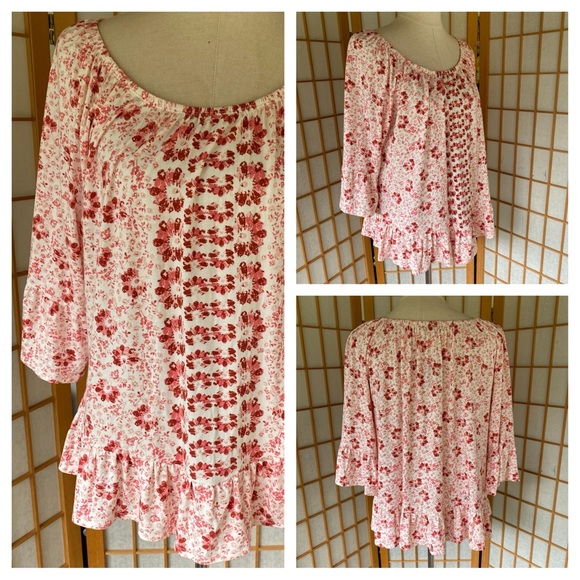 Style & Co Pink Floral Ruffled Boho Pheasant Top SZ L NWT - Picture 1 of 12